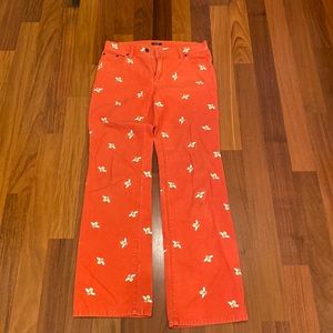 Women’s J-Crew orange pants with bee pattern. Eye catching, fashionable pants